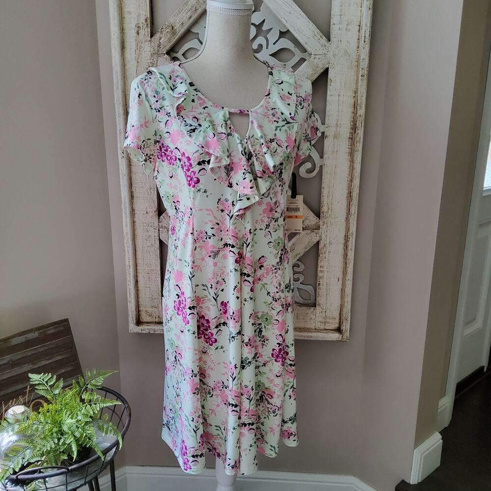 Emaline Mint Floral Ruffle Neck Shift Dress Cottage Indie Feminine Spring